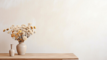 Vase on the wooden table  with bouquet of dried flowers near empty, blank wall. Home interior background with copy space.