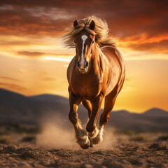 Fotografia de esbelto caballo de tonos marrones al galope, en medio de paisaje al atardecer - obrazy, fototapety, plakaty