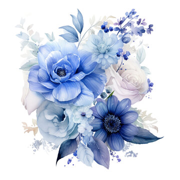 Watercolor Blue Bouquet of Flowers white background