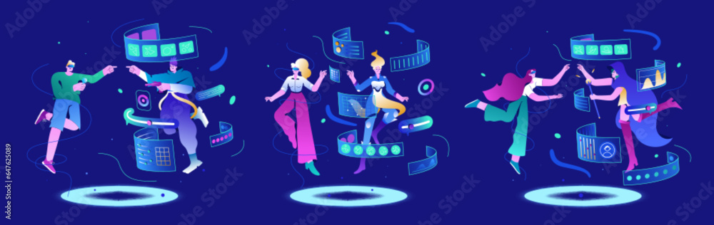 Poster digital twin in metaverse concept. people in virtual reality glasses creating and interacting with t