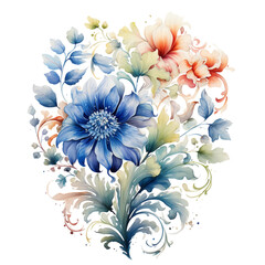 Blue and pink soft watercolor floral bouquet on white background.