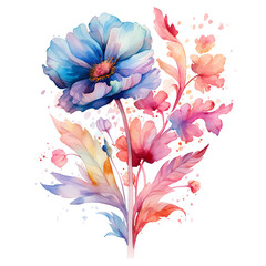 Blue Petal Flower pink leaves watercolour splash art, white background.