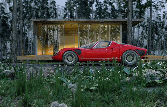 alfa romeo tipo 33 stradale 1967 parked in front of a modern house in the woods full cg 3d render