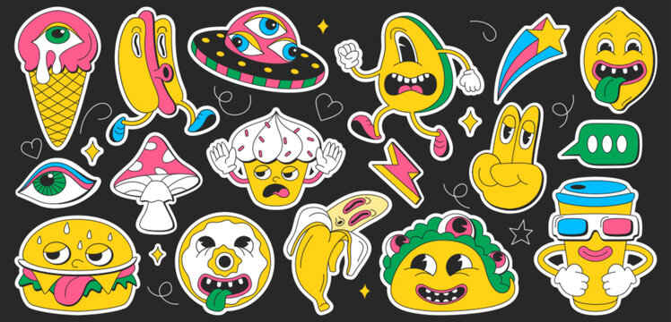 Psychedelic cartoon groovy sticker set with retro surreal elements. Trendy characters with funny faces. Hippy symbols in contemporary design on black background. Fast food, eyes and crazy icons.