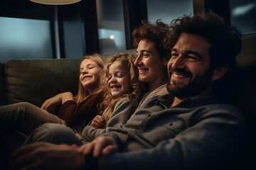 Happy modern American family sitting on a modern house couch. close-up.