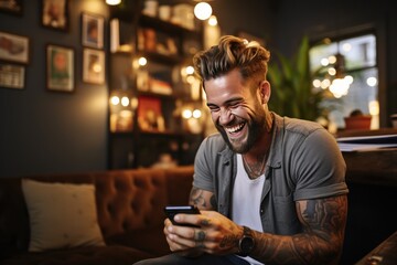 Laughing hipster man sitting work with a mobile phone on a sofa in living room. AI generate