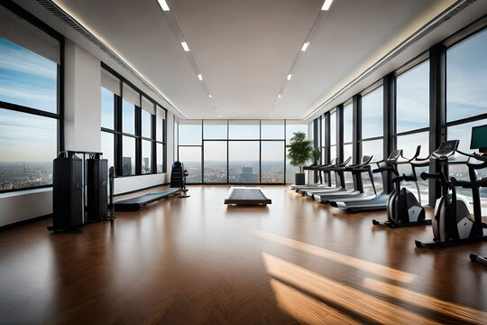 3d rendering long city view window in fitness and gym stock photo.