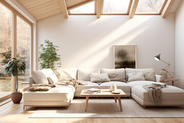 Fototapeta na wymiar Modern and stylish Scandinavian living room interior. Living room with furniture and decoration. 