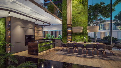 Fototapeta premium 3d rendering of expensive cozy interior with green walls with living dining zone stair and kitchen for sale or rent. Warm interior lighting combined with cold light from night street