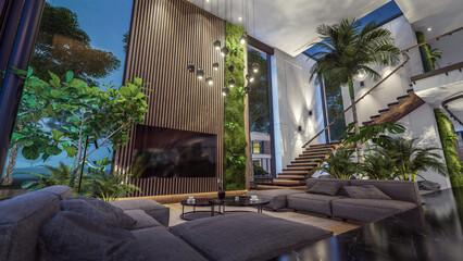 3d rendering of expensive cozy interior with green walls with living dining zone stair and kitchen for sale or rent. Warm interior lighting combined with cold light from night street