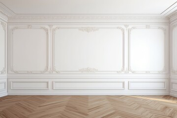 A white wall adorned with classic-style mouldings and a wooden floor - obrazy, fototapety, plakaty