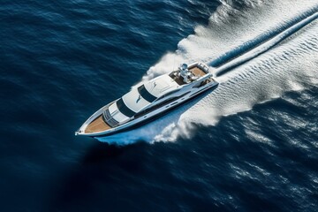 An aerial view of a luxurious motor yacht on the ocean
