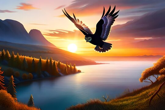 flying owl over the lake during sunset. AI-Generated