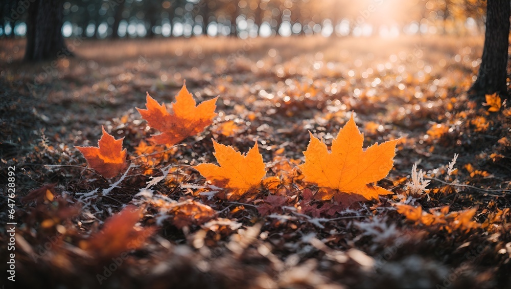 Wall mural beautiful colorful forest nature with bright orange leaves, soft rays of the sun covered with frost 