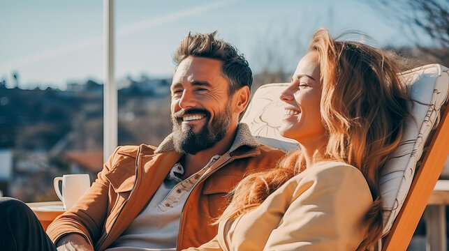 Man And Attractive Woman Drinking Coffee Outdoors On Terrace Sitting On A Deck Chair, On Sunny Winter Day