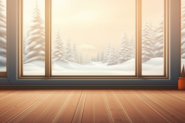 An unfurnished space with wooden flooring and a window offering a scenic winter view of snow-covered fir trees. An illustrated representation. Generative AI