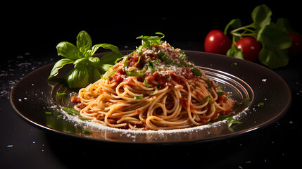 Explore the symphony of flavors in a classic spaghetti dish. The photograph showcases perfectly twirled spaghetti noodles coated in a robust marinara sauce, garnished with fresh herbs.