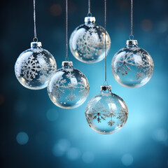Antique glass ball ornaments kissed with frost hanging isolated on a dusky blue to icy white gradient background 