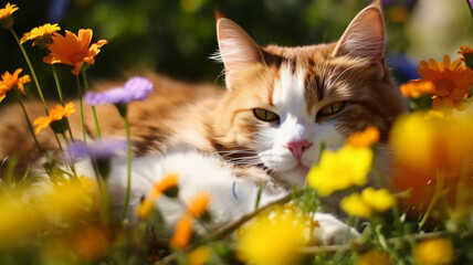 Cat nestled in a bed of spring flowers, a vibrant splash of colors around its peaceful repose