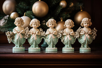 Charming ceramic angels hand-painted and glossed displayed on a mantlepiece reflecting the vintage Yuletide spirit 