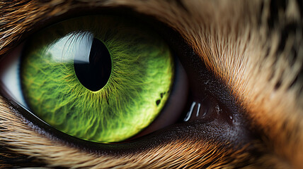 Cat's green eye magnified, revealing intricate patterns and depths, a window to its soul