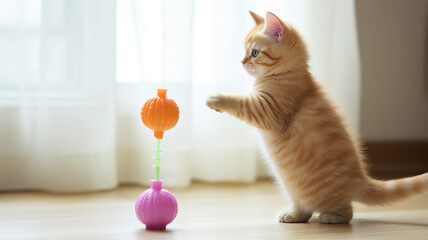 Munchkin cat standing upright, reaching for a dangling toy, displaying its short legs - obrazy, fototapety, plakaty