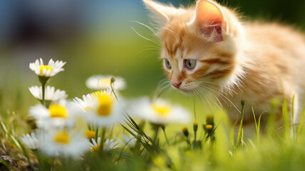 Orange tabby kitten curiously sniffing a blooming daisy in a spring meadow