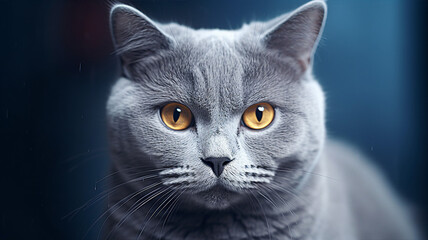 Portrait of a Chartreux cat, its dense blue - grey coat matching its deeply set eyes