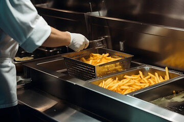 Professional kitchen in the restaurant of the hotel the chef takes out delicious french fries from the fryer