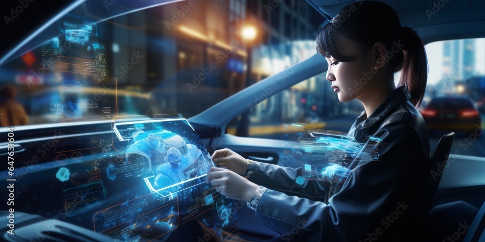 Poster female driver seamlessly utilizing a tablet within an augmented reality car, showcasing the marriage