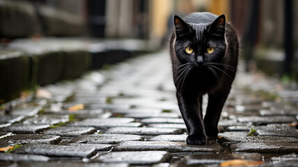 Black cat crossing a cobbled street, an old - world charm mingled with superstitions - Powered by Adobe
