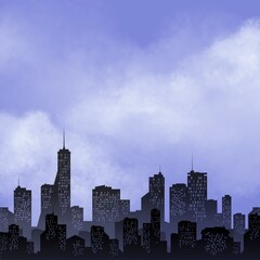 Fototapeta premium A silhouette of a city skyline with towering buildings and an airplane flying above in the sky, capturing a sense of travel, urban exploration, and modernity.