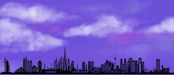 Fototapeta premium A silhouette of a city skyline with towering buildings and an airplane flying above in the sky, capturing a sense of travel, urban exploration, and modernity.