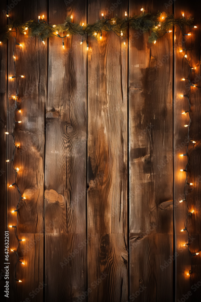 Poster retro-style christmas lights and garlands illuminating a rustic wood panel background with empty spa