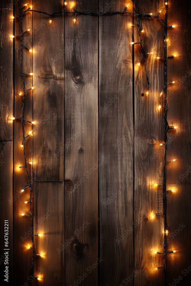 Poster retro-style christmas lights and garlands illuminating a rustic wood panel background with empty spa