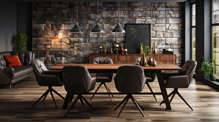 Modern Elegance: Black Chairs and Leather Sofa at Wooden Dining Table