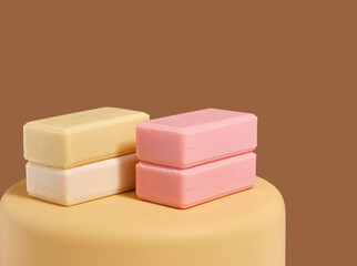 Natural soaps and hygiene accessories. Supplies for personal hygiene. Copy space for text.