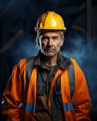 Fototapeta premium Portrait of a senior constructor worker in a work helmet standing looking at the camera.