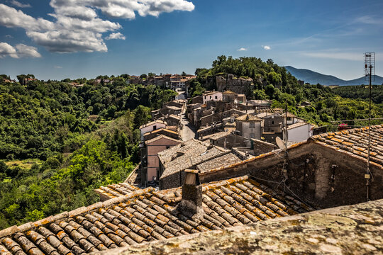 Town of Bomarzo, Viterbo, Italy. Travel street view of city architecture and details. Sunny warm pleasant day for a walk