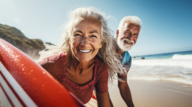 Happy couple of elderly people on the beach, in the ocean with a surfboard, having fun, swimming, ready to go surfing on the beach. Active mature people doing fun activity on vacation. - Powered by Adobe