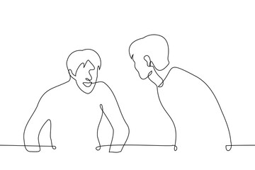 men laugh - one line art vector. concept male friends bent over with laughter, fun and positivity