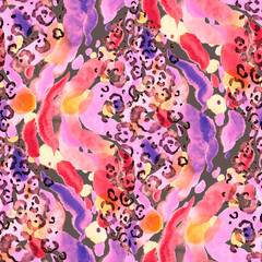 Obraz na płótnie Canvas Watercolor seamless pattern with beautiful bright abstract elements and leopard spots. Colorful animalistic texture for any kind of a design. Contemporary art. Trendy modern style. 