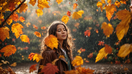 Beautiful girl portrait in the rain, autumn leaves