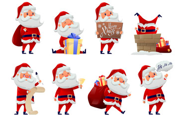 Christmas santa claus characters vector set design. Santa claus character happy smiling mascot holding xmas gift sack isolated in white background. Vector illustration holiday season santa claus