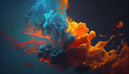 Abstract of blue and orange colors flowing in the underwater background, Ai generated image