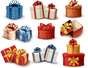 Set of Christmas gifts, New Year presents, gift boxes with ribbons, vector illustration in flat style