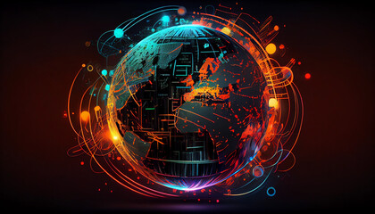 Abstract of neon and colorful global world in cyberspace, future energy power technology and...