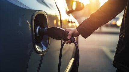 Close up of a man's hand preparing to charge an electric car.