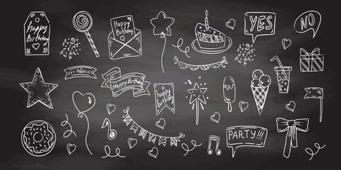 Birthday doodle set. Hand drawn vector Happy Birthday sketches on chalkboard background. Envelope, cake, balloon, ice cream, flags, hearts, labels, ribbons, bow, gift, star.
