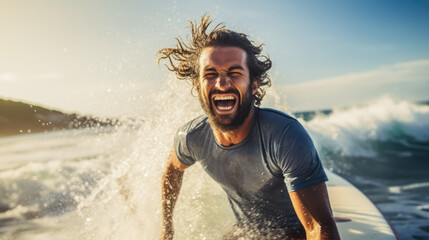 Smiling man with a surfboard is surfing while relaxing in the ocean. Surfer with a board enjoys his vacation, has fun in the water, in the fresh air. Active lifestyle, surfing, relaxation - obrazy, fototapety, plakaty